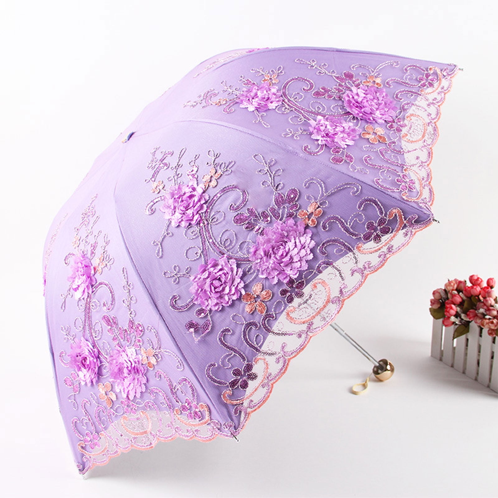 SDFGTstore Double Layer Embroidered Lace Umbrella Three Folding Anti-uv Windproof