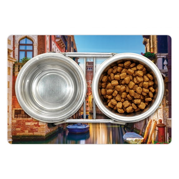 European Pet Mat for Food and Water, Venice Cityscape Narrow Water Canal Building Traditional Old Buildings Heritage, Non-Slip Rubber Mat for Dogs and Cats, 18" X 12", by Ambesonne
