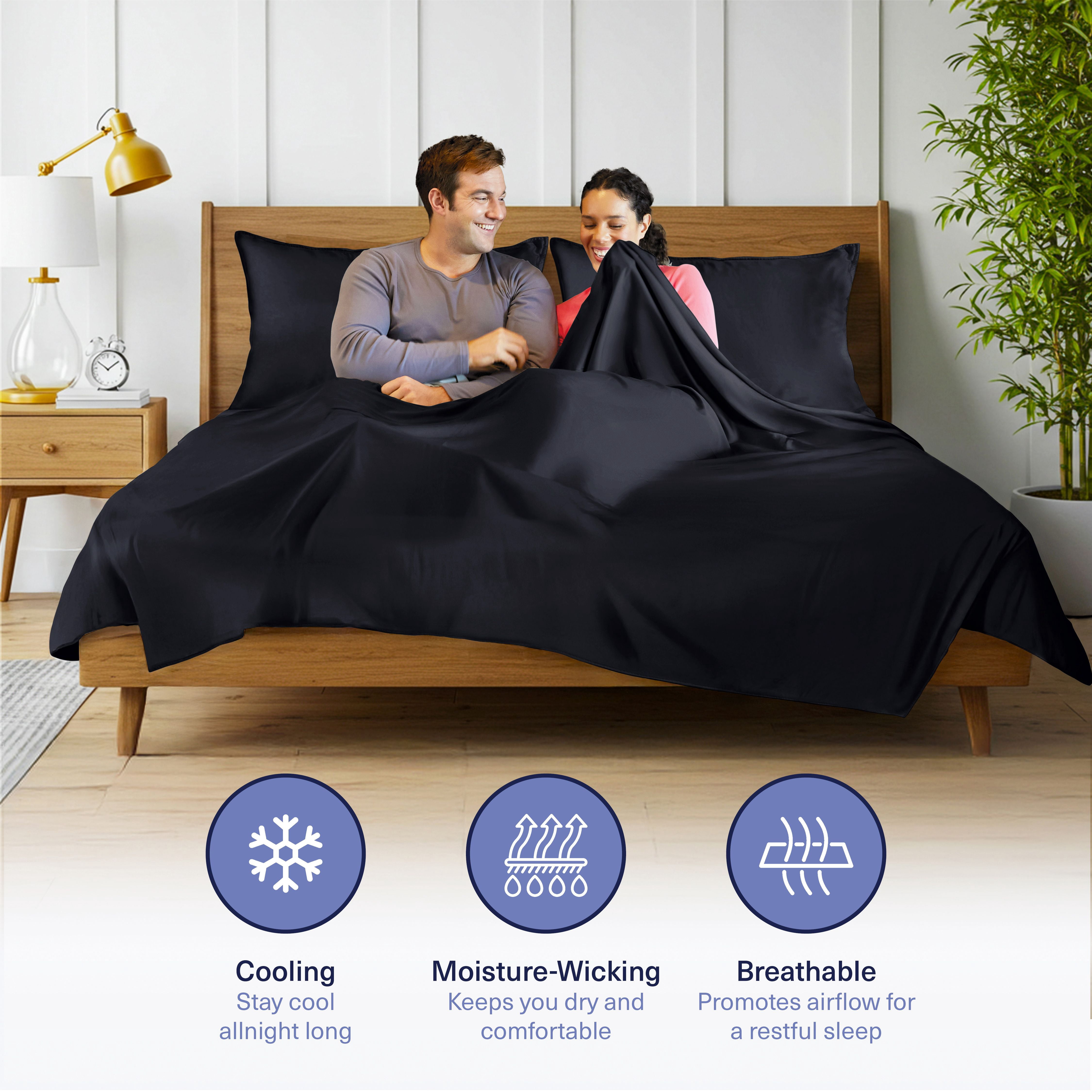 Kickoff Viscose Bamboo Sheets Twin XL Size 3-pc 100% Organic Bamboo Viscose Bed Cooling Sheets Twin XL Size Set Cool Bedding for hot sleepers sheet, Flat, Fitted, Pillowcase (Onyx Black, TXL)