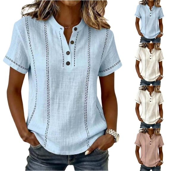Women's Stripe Button V-Neck Fashion Casual T-Shirt Linen Short Sleeve Regular Fit Spring Summer Daily Top, L