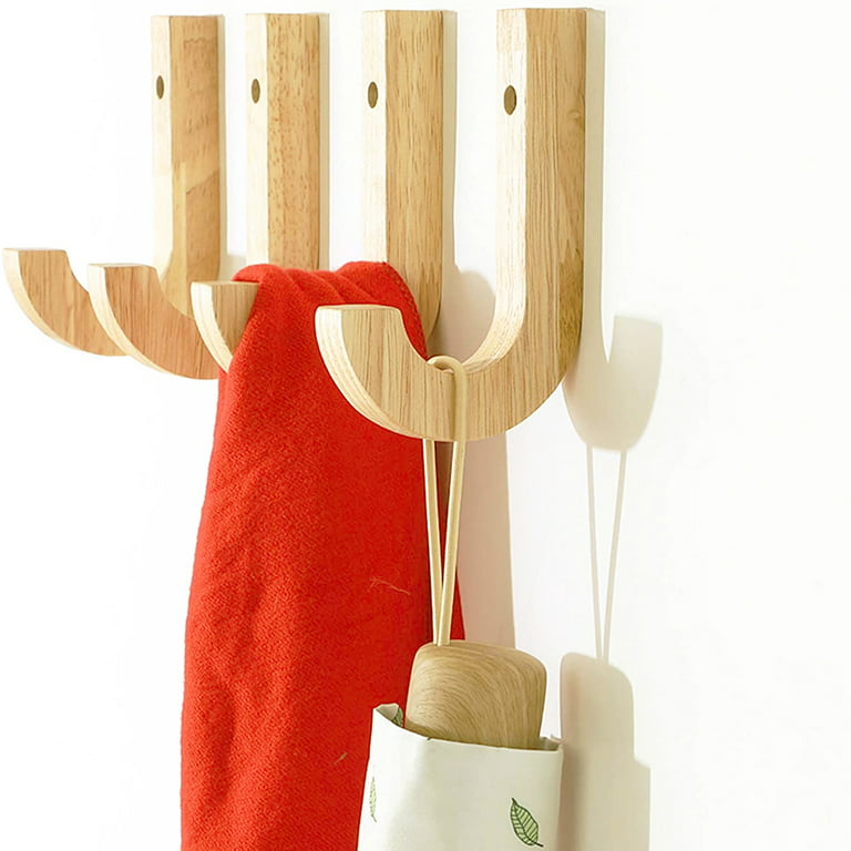 4 Pack J Shape Wooden Wall Hooks for Hanging Clothes, Rustic Coat