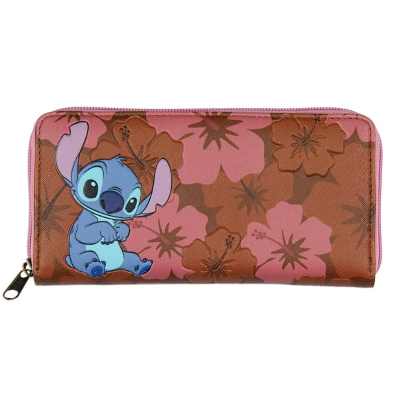 Disney Lilo And Stitch Allover Floral Stamped Design with Stitch Faux Leather Full Zip Wallet Bi-Fold