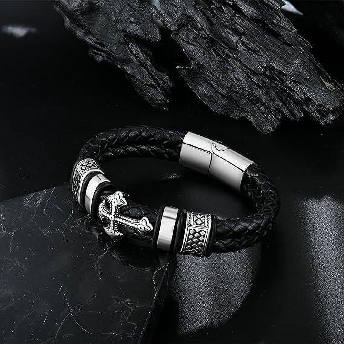 Raymard Mens Christian Cross Double Row Leather Bracelet - 6.8" Black Braided Bracelet for Men