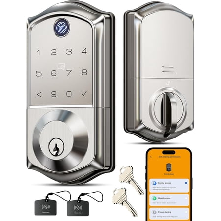 VE017 Fingerprint Smart Door Lock, App Control, 8-in-1 Keyless Entry, Auto Lock, Emergency Power Port, Electronic Touchscreen Keypad, Biometric Smart Locks for Front Door, Satin Nickel