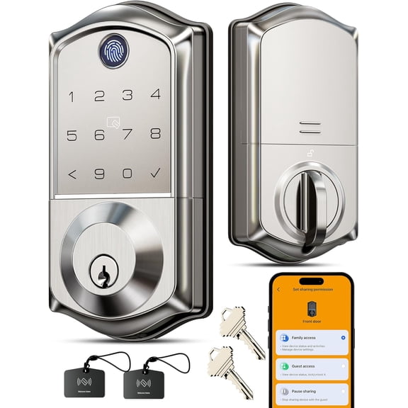 VE017 Fingerprint Smart Door Lock, App Control, 8-in-1 Keyless Entry, Auto Lock, Emergency Power Port, Electronic Touchscreen Keypad, Biometric Smart Locks for Front Door, Satin Nickel