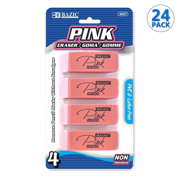 BAZIC Pink Eraser Latex Free Bevel Erasers Block Erasers (4/Pack), 24-Packs