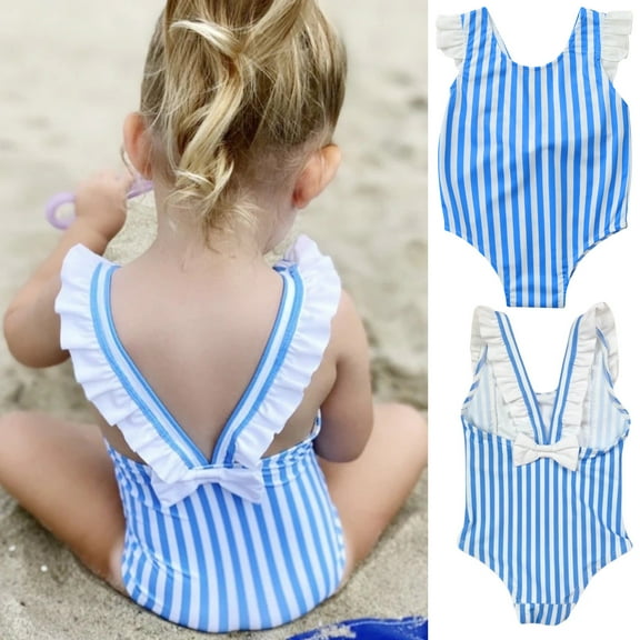 uublik Toddler Ruffle Bikini Striped One-Piece Swimwear Swimsuit Beachwear Blue, Sizes 6M-5T