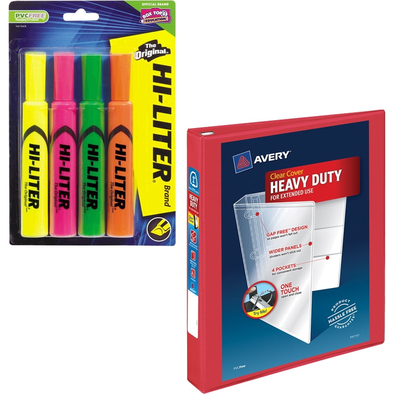 Avery Desk Style Hi-Liter, Assorted Colors, 4 pack and Avery 1" Heavy-Duty Clear-Cover Binder, Red Bundle