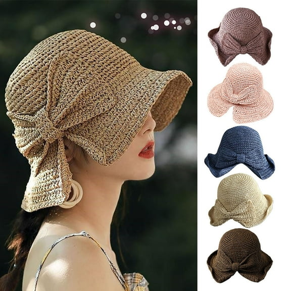 Happy Date Foldable Wide Brim Floppy Straw Beach Sun Hat,Summer Cap with Bowknot for Women Girls for Travel