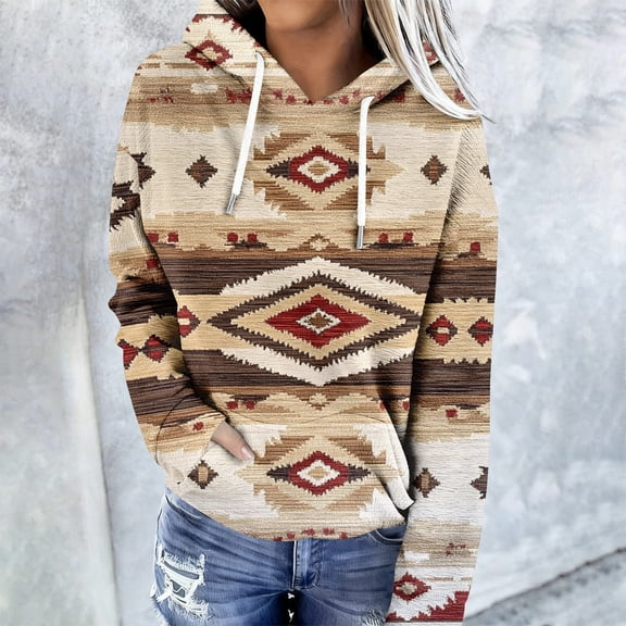 Fznquz Pullover Plus Size Blouses for Curvy Women Hooded Aztec Print Western Shirts Long Sleeve Casual Women's Spring Fashion,XXL