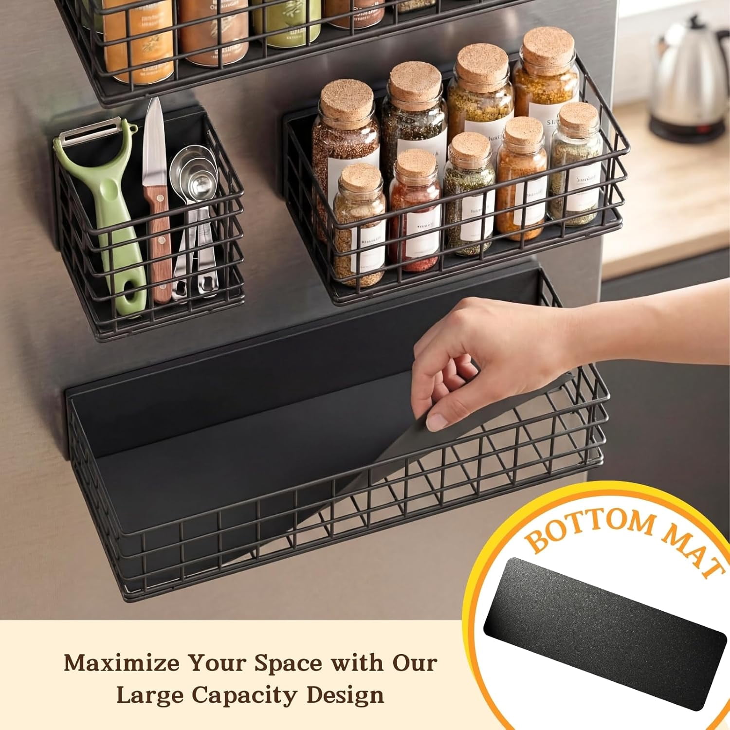 Magnetic Fridge Shelf 4-Pack Metal Strong Magnet Rack Space Saving Spice Organizer Utensil Holder Fruit Potato Onion Storage Bins Black Refrigerator Organizers and Storage