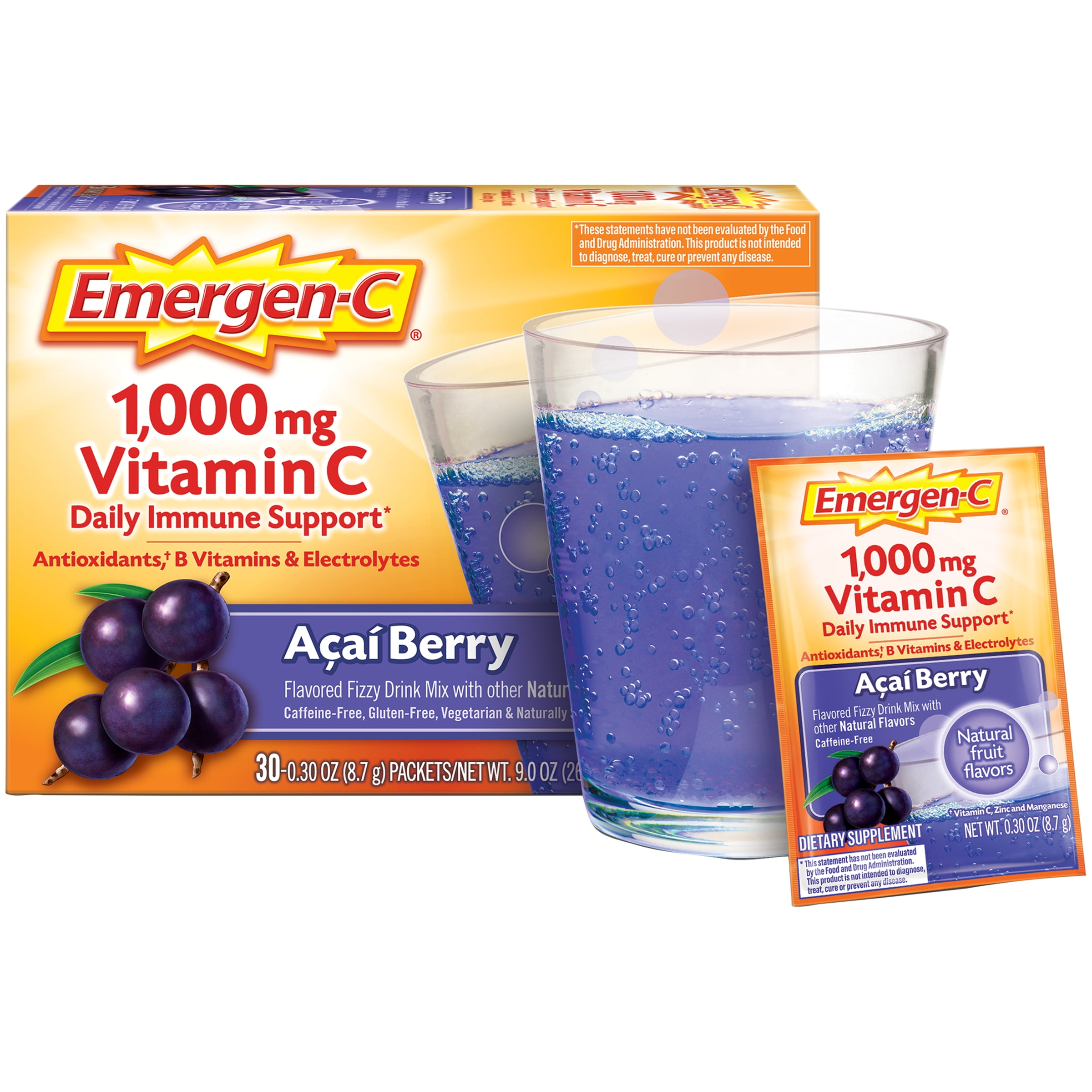 Emergen C 1000mg Vitamin C Powder With Antioxidants B Vitamins And Electrolytes For Immune Support Caffeine Free Vitamin C Supplement Fizzy Drink Mix Acai Berry Flavor 30 Count 1 Month Supply Walmart Com