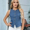 thumbnail image 3 of Denim Vest for Women Sleeveless Strechy Jean Vest Top Button Down Crewneck Casual Summer Western Waistcoat Blue M, 3 of 8