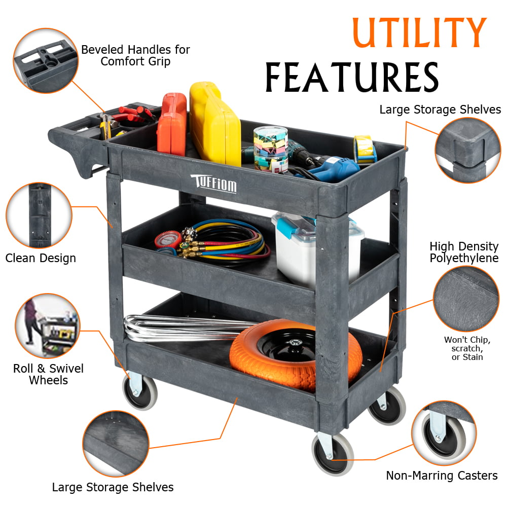 UNICOO Plastic Heavy Duty Utility Cart-550 Pound, 3-Tier Service Cart