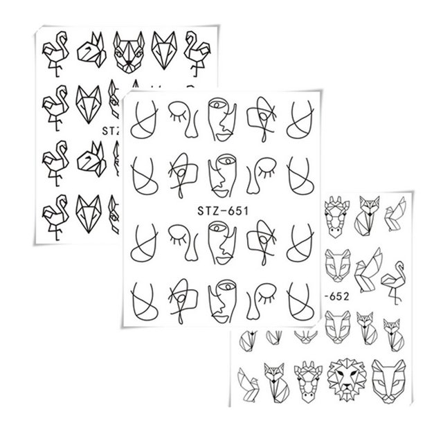 Cartoon Animal Line Drawing Nail Stickers DIY Fake Full Nail Tip Decals Beauty Art Tools
