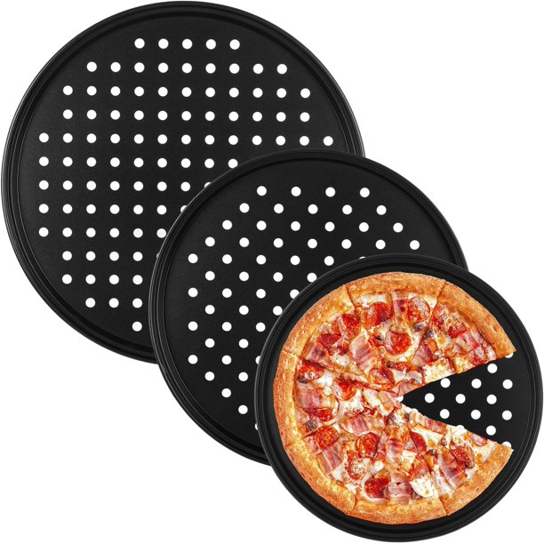 POWKOL Moldes para pizza con agujeros, antiadherentes de 9,6/11/12,6 pulgadas para horno, bandejas perforadas, suministros redondos de acero al carbono para hornear en casa y restaurante (paquete de
