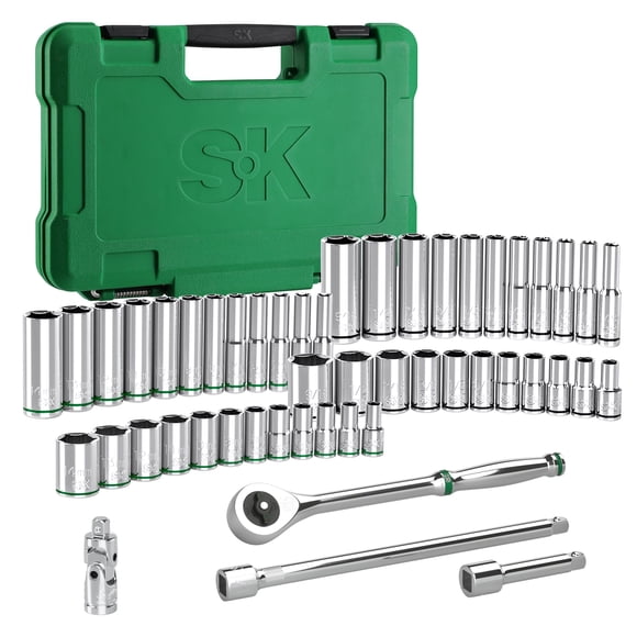 Juego de dados con cuadro de 1/4" Sk con trinquete de liberación rápida 216-P, 50 piezas, acabado Sae y métrico Superkrome, construcción premium Cr-V con maletín de almacenamiento