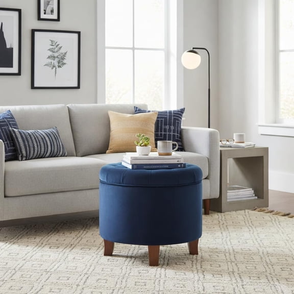 Upholstered Round Velvet Tufted Foot Rest Ottoman | Ottoman with Storage for Living Room & Bedroom | Decorative Home Furniture, Navy