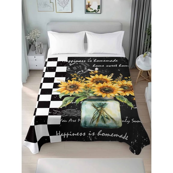 Sunflower California King Size Flat Sheet, Wrinkleproof & Fadeproof Cooling Flat Bed Sheet Only, Black White Check Farmhouse Bee Vase Floral Breathable Soft Bedding Top Sheets 108 x 98 Inches