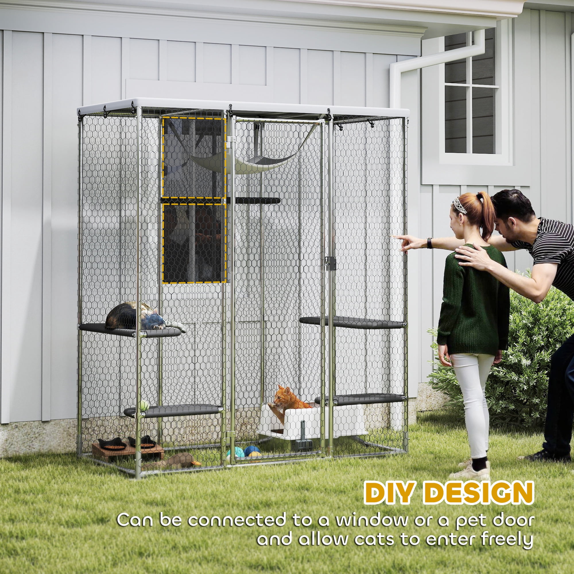 PawHut Large Catio Outdoor Cat Enclosure, Galvanized Steel Walk-in Cat Cage with Waterproof Cover, 5 Adjustable Platforms, Hammock