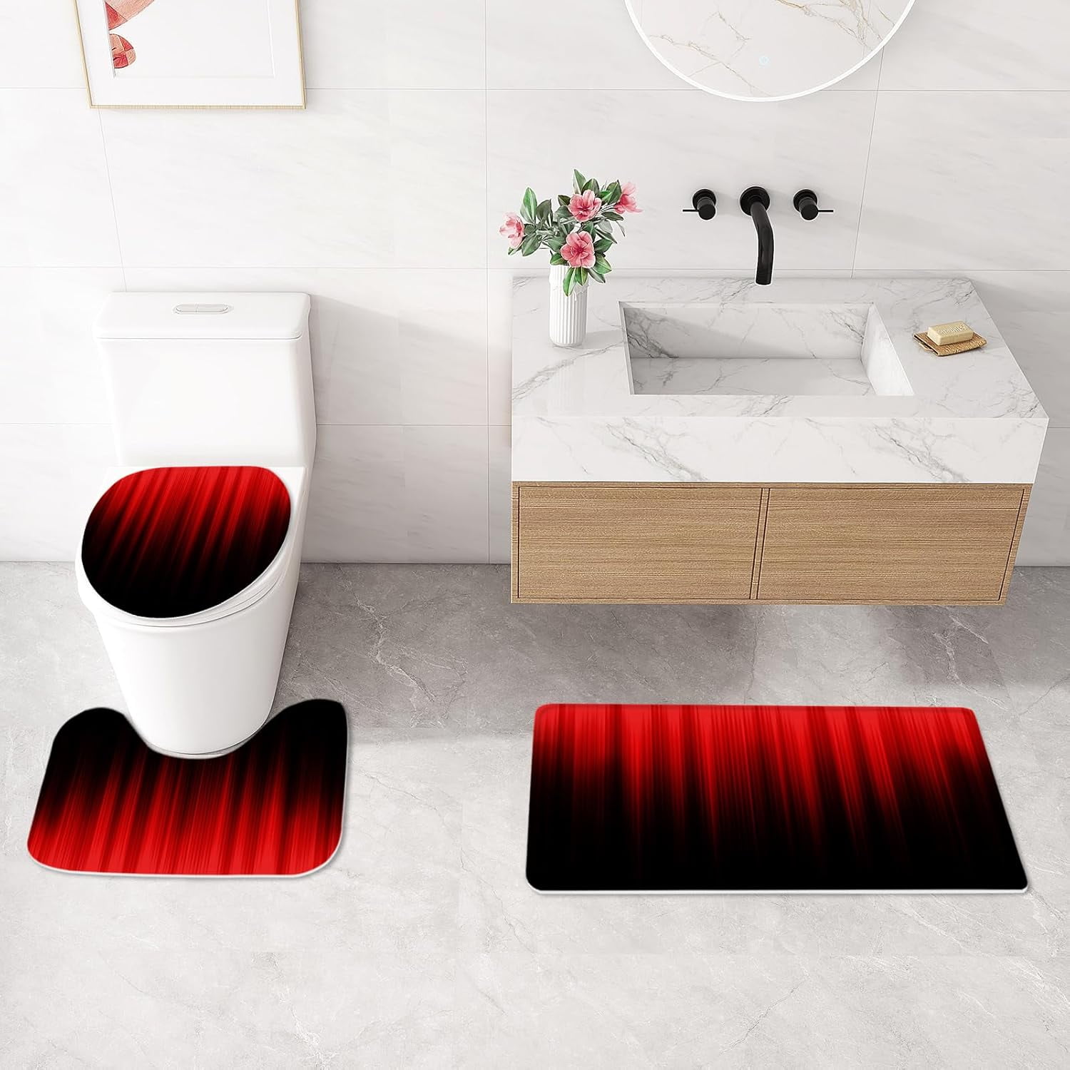 4 Pcs Red and Black Gradient Shower Curtain Set with Rugs and Toilet Lid Cover, Modern Simple Waterproof Fabric Bathroom Set, Ombre Stripe Gothic Abstract Bathroom Decor Set Accessories