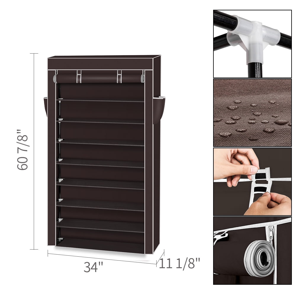 Kepooman 10 Tiers Shoe Rack Organizer with Dustproof Cover - Dark Brown