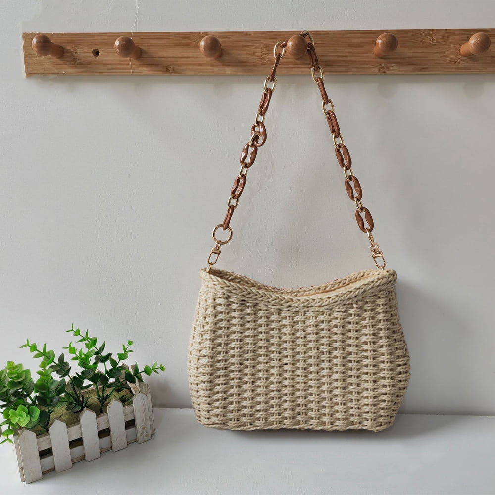 Small Handmade Straw Pocketbook Crossbody Bag for Women, Summer Chic Woven Handbag Shoulder Purse with Chain