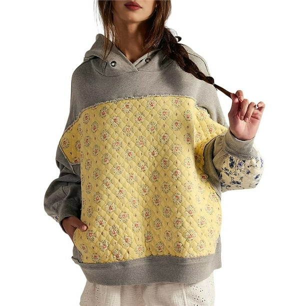 Sudadera con Capucha Extragrande para Mujer, con Bordado Floral, Bloques de Color, Deshilachada, Larga Gris M