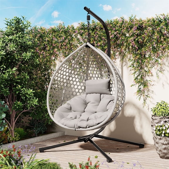 Outdoor Hanging Egg Chair with Stand, Durable Wicker Patio Swing Chair with Removable Cushion for Balcony & Bedroom, Light Gray