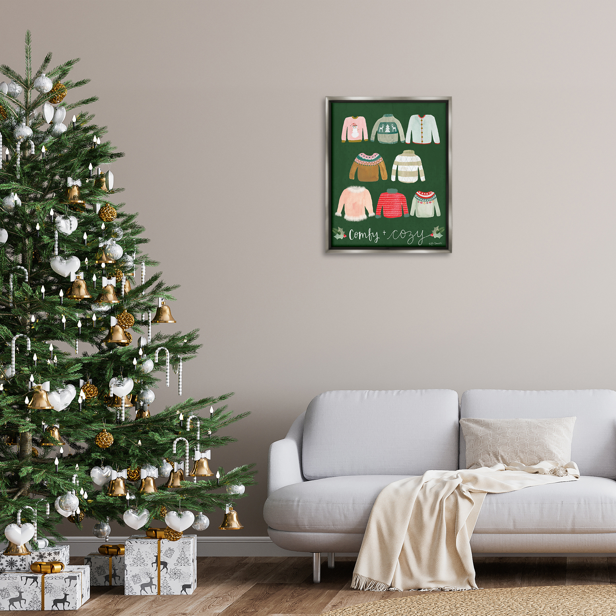 Stupell Industries Comfy & Cozy Sweaters Holiday Painting Gray Floater Framed Art Print Wall Art, 25 x 31