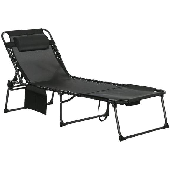 Sun Lounger Folding Chaise Chair with 5-Level Reclining Back, Mesh Fabric and Steel Frame, Black Outdoor Tanning Chair with Side Pocket