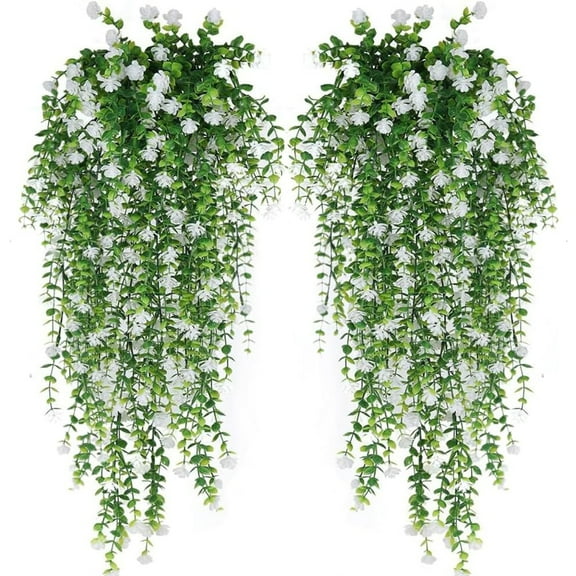 Artificial Hanging Flowers, 3pcs Fake Eucalyptus Vine Faux Flower Greenery Garland Plastic Plants for Indoor Outdoor Wall Garden Wedding Home Party Decor (White)