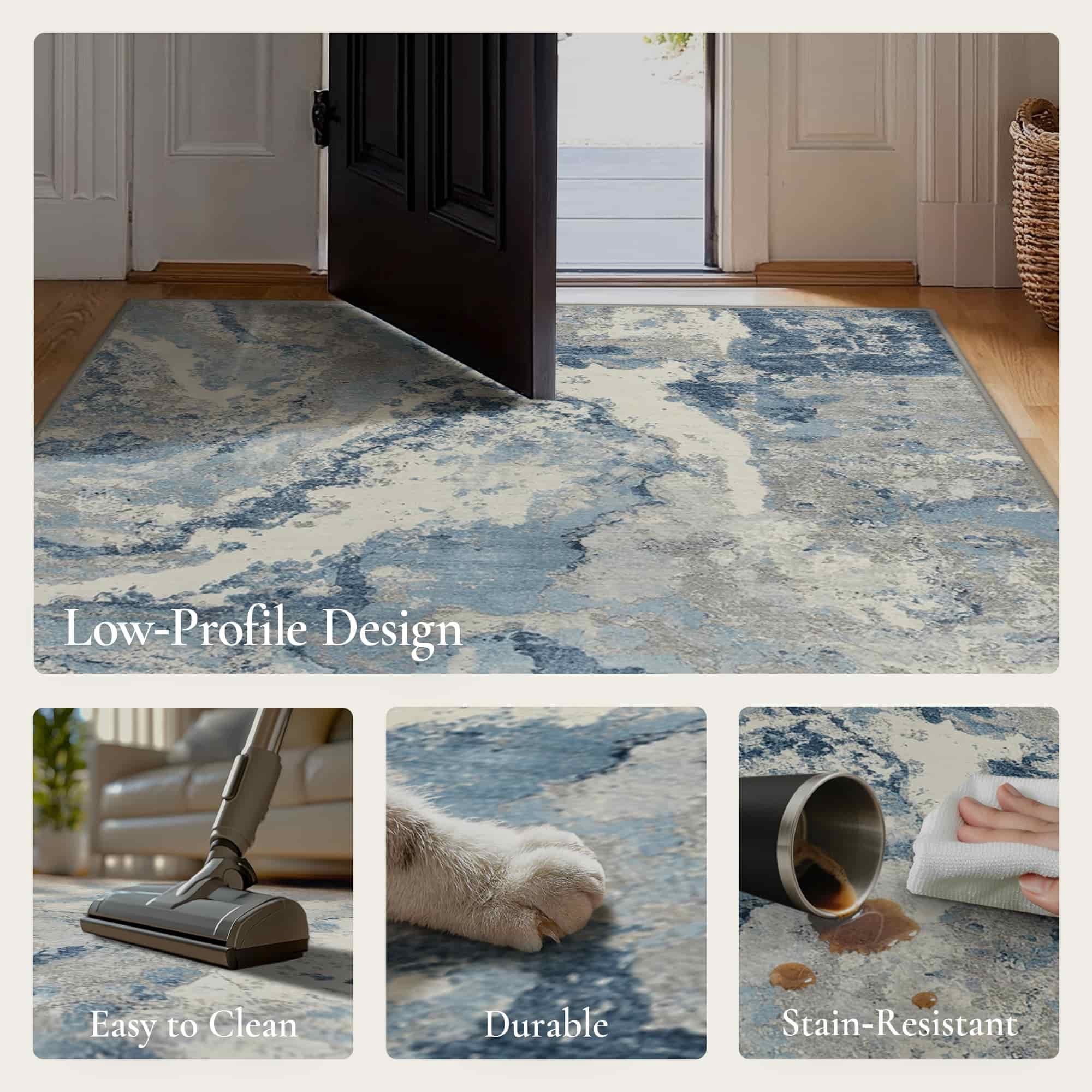 KUETH 3×5 Area Rug Washable for Living Room, Large Blue Print Pattern Modern Abstract Soft Non Slip Low Pile Indoor Rug, Bedroom, Dinning Room