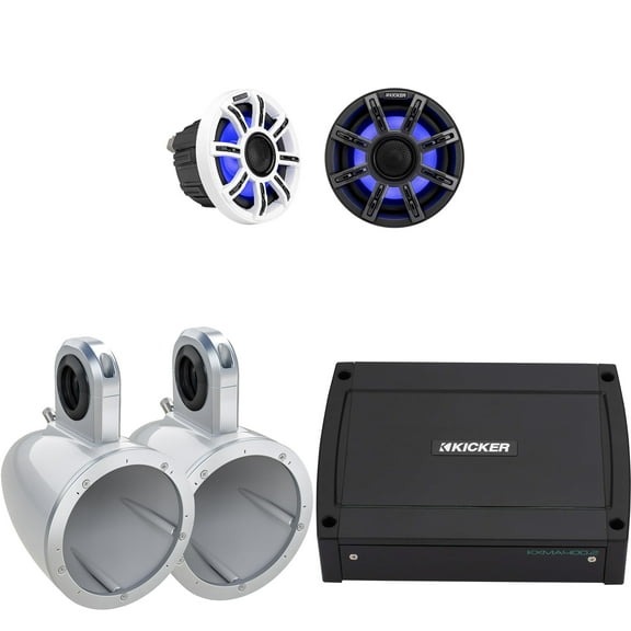 Kicker Premium Marine 6.5" 51MSC65 With 12KMTESW White Enclosures Includes 48KXMA4002 Amp, UTV / Wake Boarding