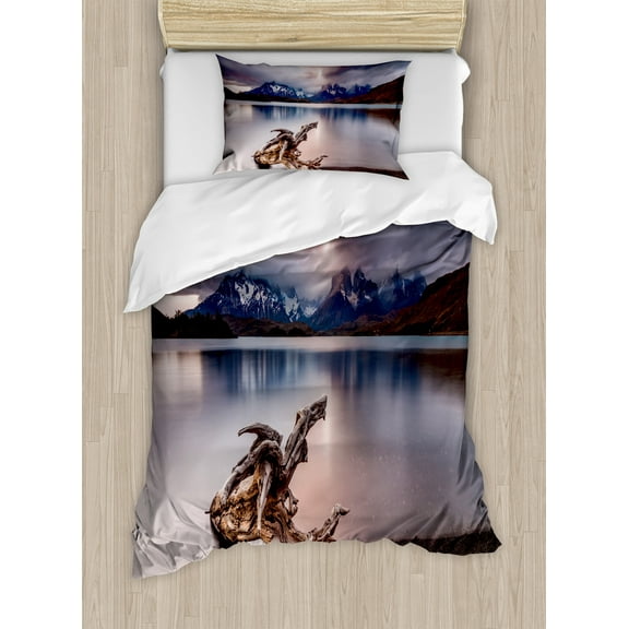 Ambesonne Digital Duvet Cover Set, Reflections to Mountain, Twin, Redwood