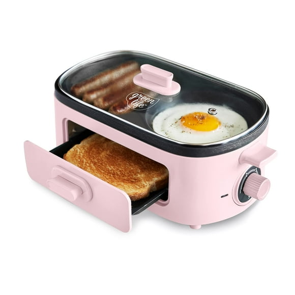 GreenLife 3-in-1 Breakfast Station, Ceramic Nonstick Dual Griddles for Eggs, Meat, Pancakes & Sandwiches + 2-Slice Toast Drawer, Healthy Cooking, Timer, Versatile Morning Meal Maker, Pink