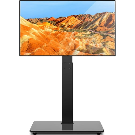 TAVR Universal Floor TV Stand Base for 32-75 Inch TVs up to 110 Lbs with Swivel Height Adjustable Mount, Black Tempered Glass Base for Media Storage and Space Saving