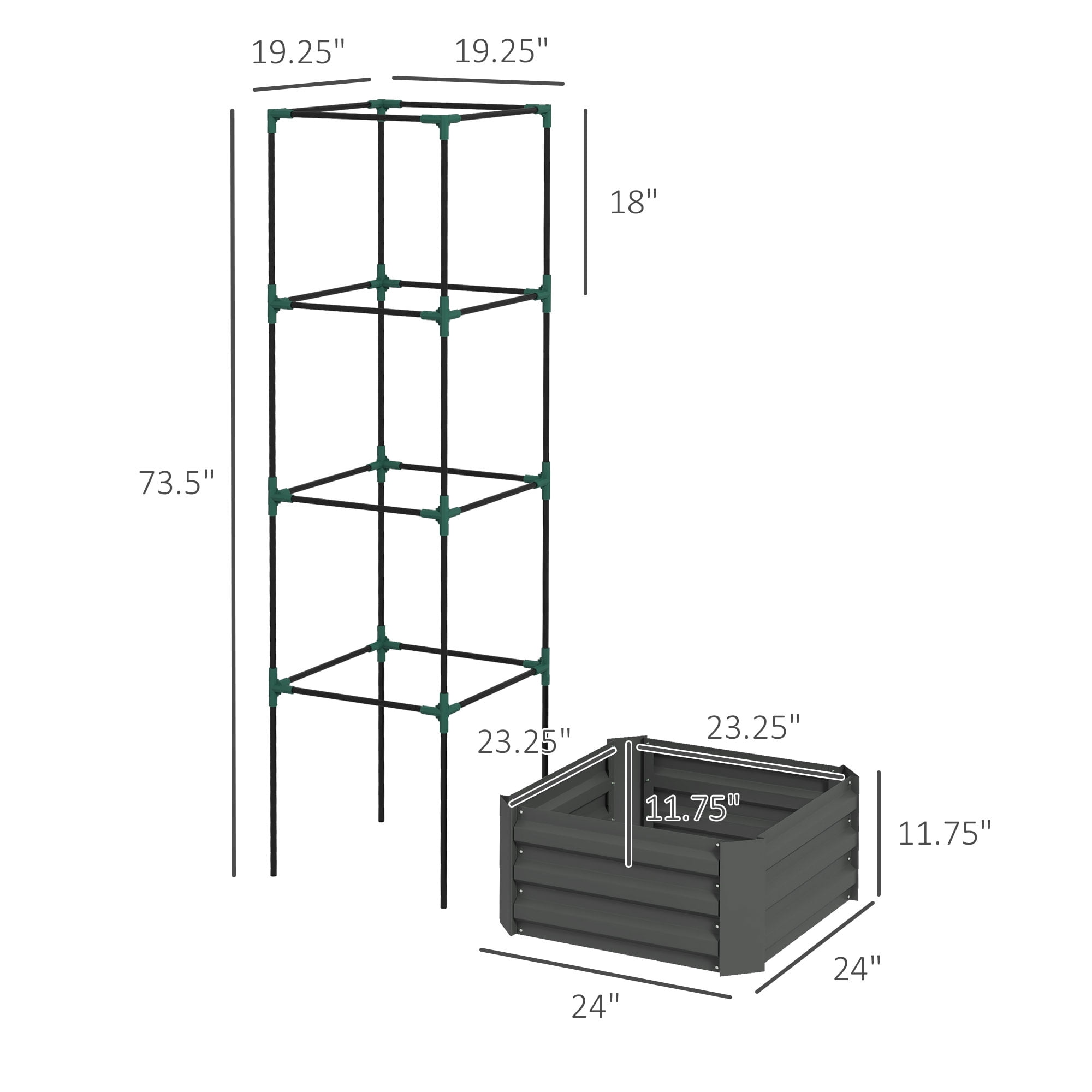 Galvanized Raised Garden Bed, Outdoor Planter Box with Trellis Tomato Cage and Open Bottom for Climbing Vines, Vegetables, Flowers in Backyard, Garden, Patio, Gray 24" x 24" x 11.75"
