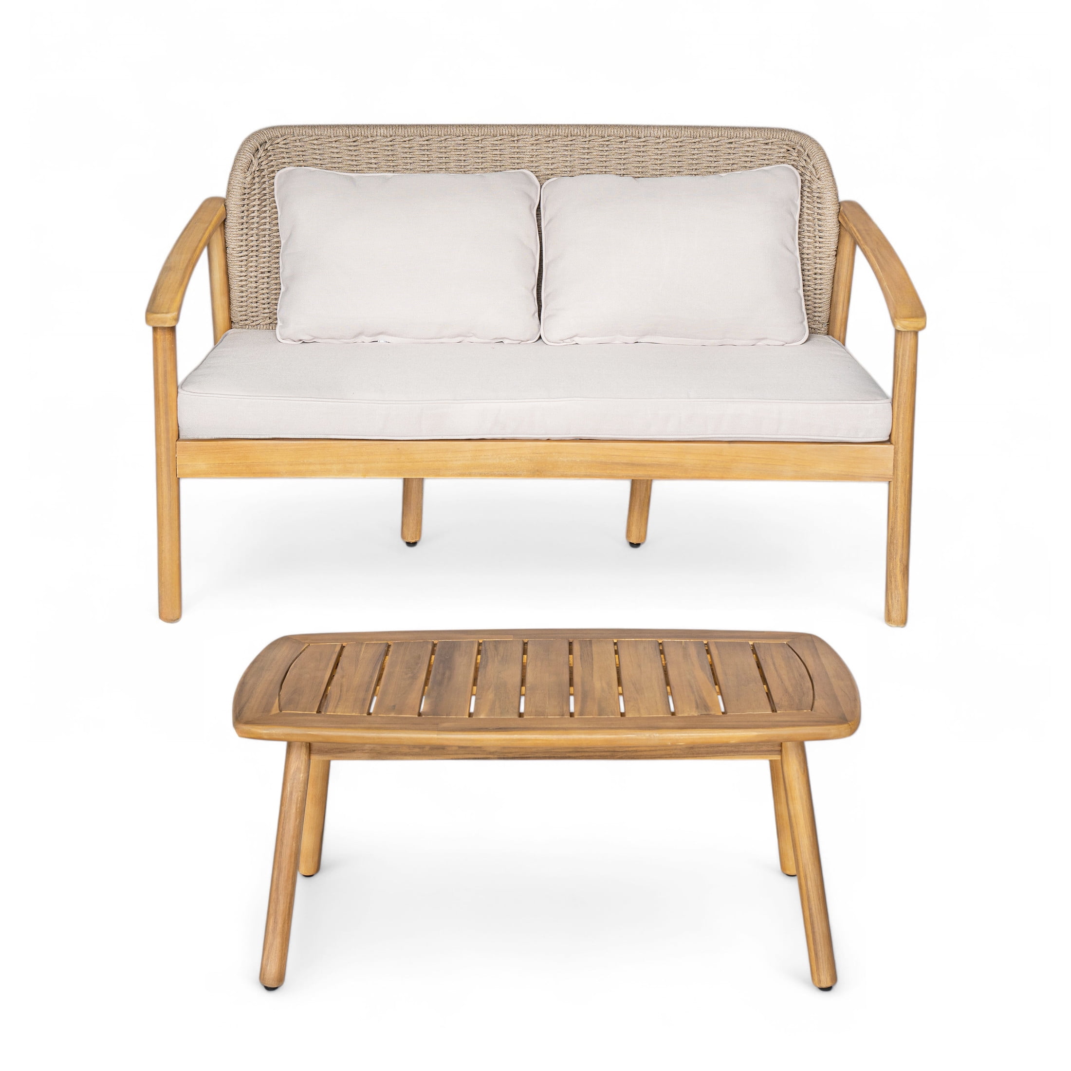 Louisa Farmhouse Outdoor Patio Woven Rope 2 Piece Conversation Set, Loveseat with Coffee Table, Solid Wood Frame, Beige Cushions