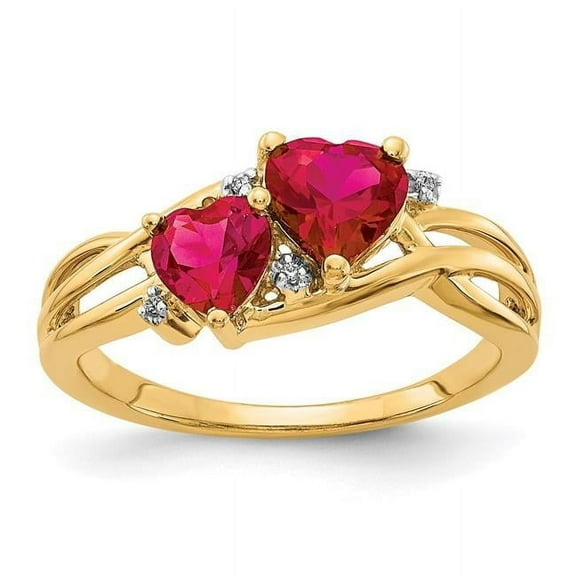 Primal Gold 14 Karat Yellow Gold Lab Created Ruby and Diamond Double Heart Ring