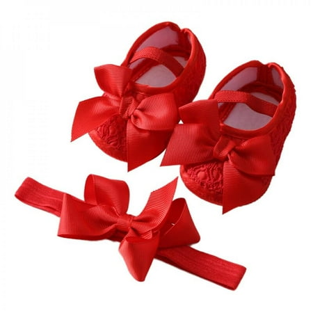 

Sales Promotion!Baby Girls First Walkers Newborn Shoes Cute Bowknot Infant Prewalker Soft Bottom Anti Slip Toddler Princess Shoes Headband Set Red L