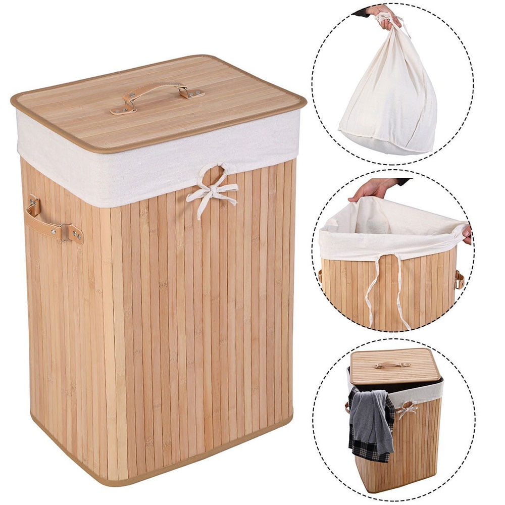 Large Foldable Bamboo Laundry Bin Basket Hamper Linen Cloth Washing Box Lid