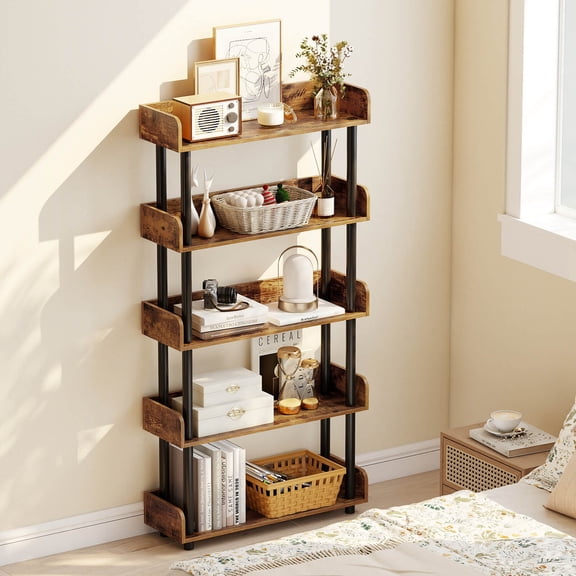 Costway 1 PCS 5-Tier Bookshelf, Open Bookcase with Anti-Tipping Kit, Storage Unit for Living Room Rustic Brown & Black