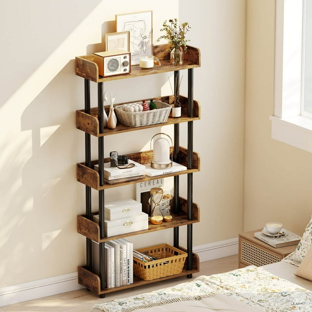 Costway 1 PCS 5-Tier Bookshelf, Open Bookcase with Anti-Tipping Kit, Storage Unit for Living Room Rustic Brown & Black