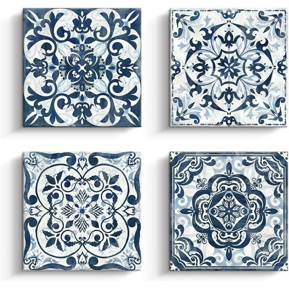 Kas Home Boho Flower Room Decor Canvas Modern Abstract Paintings Wall Art Navy Floral Pictures Prints 4 Panels Artwork for Bedroom Bathroom Living Room Office Home Decorations (14 x 14 x 4, Blue)
