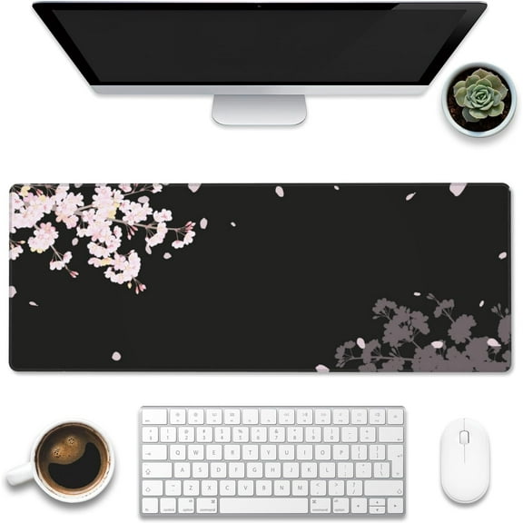 Large Gaming Mouse Pad for Desk,Falling Cherry Blossoms Desk Mat,Cherry Blossoms Desk Pad,Extended Big Computer Keyboard Mouse Pad with Non-Slip Base and Stitched Edge,31.5"x11.8"