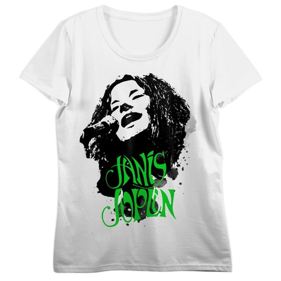 Janis Joplin Black Ink Art With Neon Green Text Women's White Short Sleeve Crew Neck Tee-XXL
