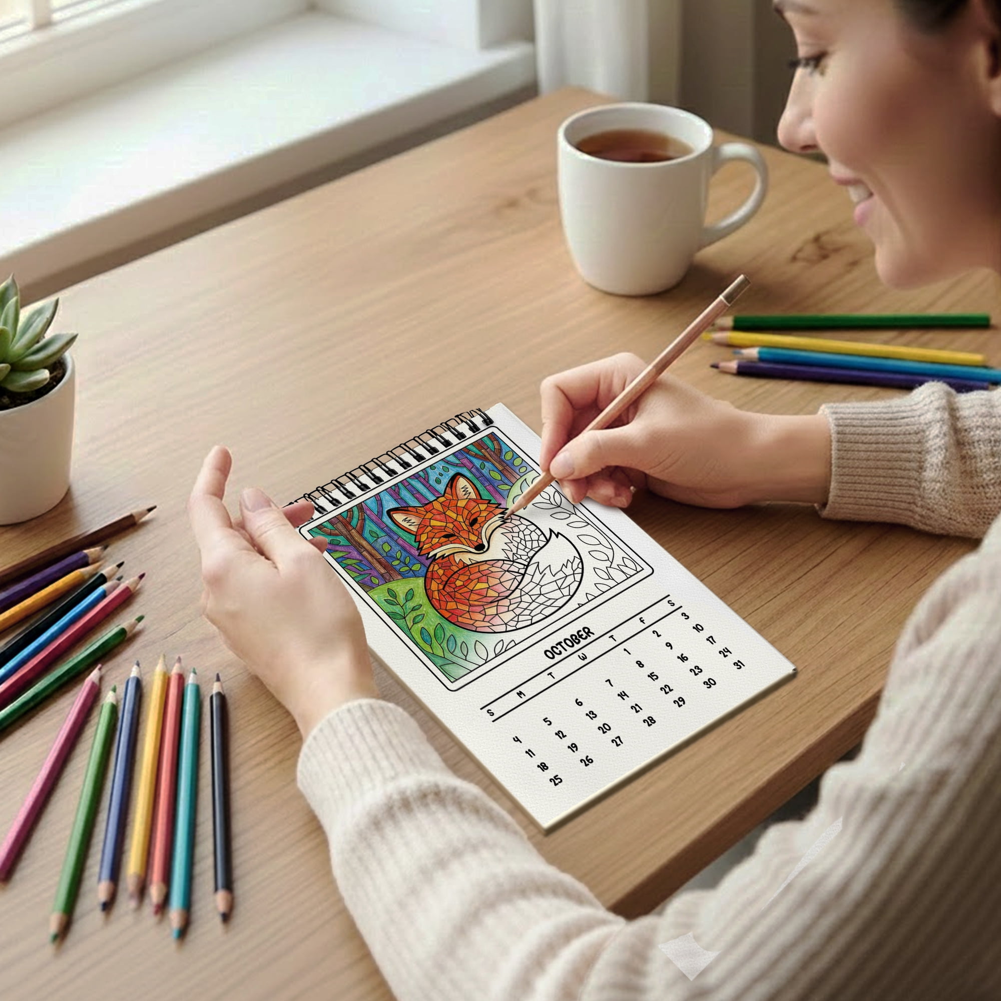 Stained Glass Animals Coloring Desk Calendar 2026–2027, A5 Wooden Cover Planner with 26 Easy Coloring Pages for Adult Relaxation, 24 Month Desktop Calendar with Stand, Gift for Family & Friends