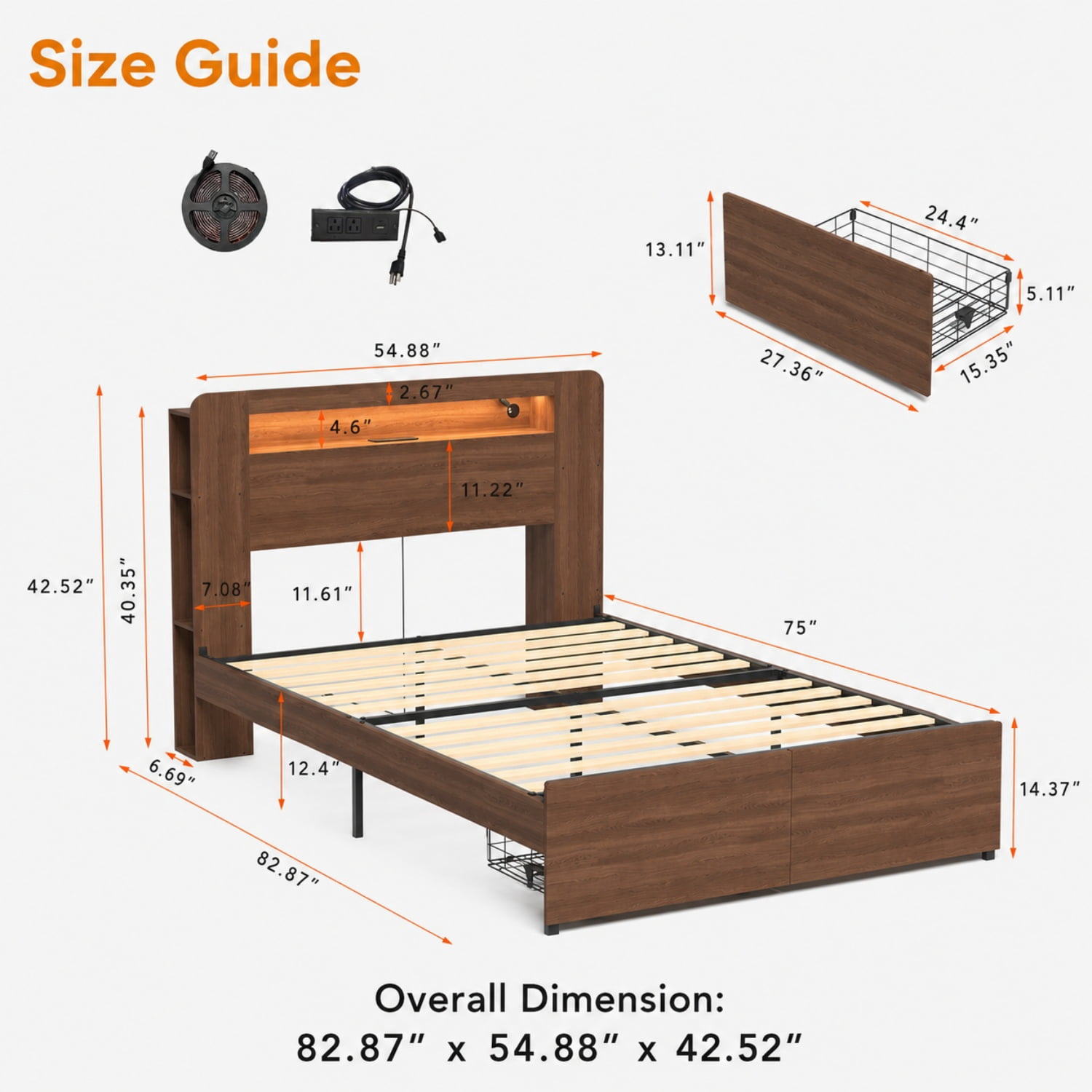 Miniyam Full Farmhouse Bed with Storage Headboard, LED Lights and Charging Station, Platform Bed Frame with 2 Drawers, Brown