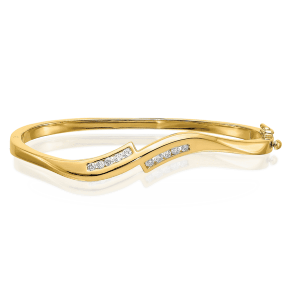 14K Solid Yellow Gold Diamond Hinged Bangle Bracelet